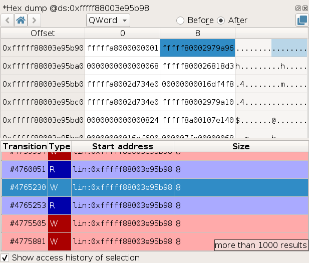 Hexdump Memory History view screenshot